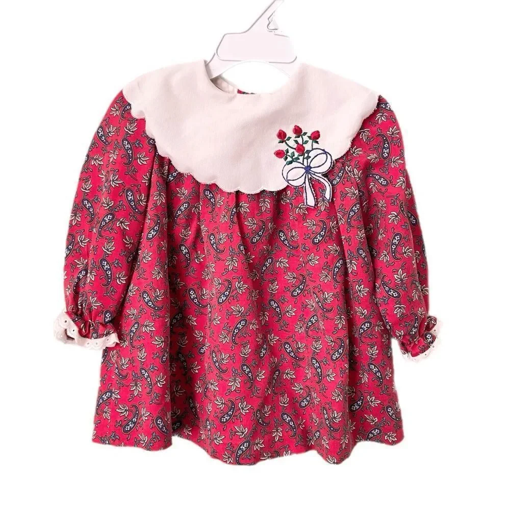 Vintage Little Bitty Red Paisley Baby Dress with White Collar in Size 24M